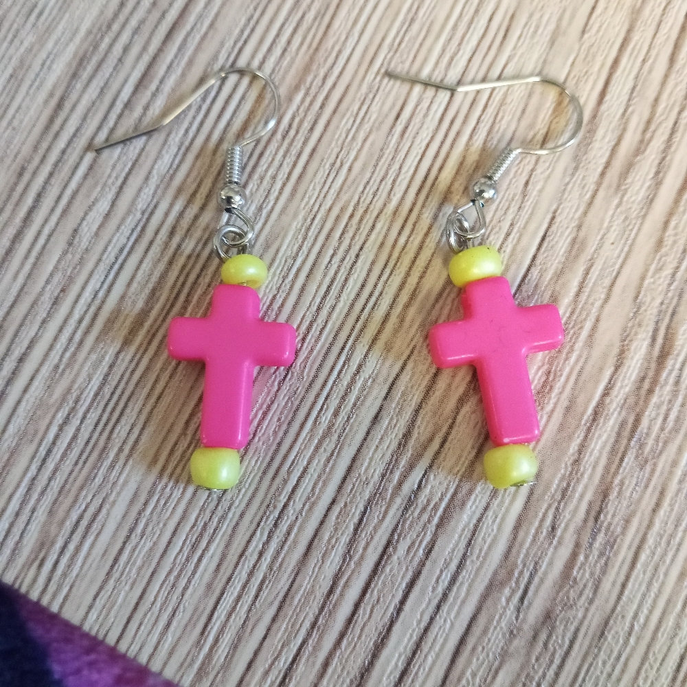 hand crafted sterling silver neon pink cross statement drop earrings